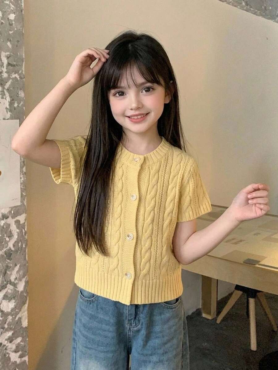 DAZY 可愛秋季短袖針織毛衣上衣,適合年輕女孩夏季穿著 - 黃色 - 查看 1