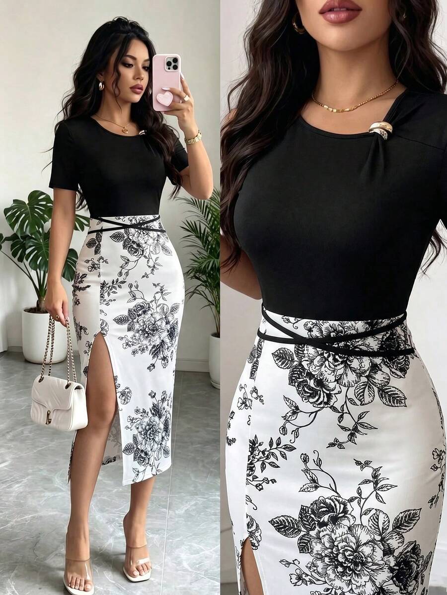 SHEIN Clasi 女款印花開衩下擺洋裝,優雅休閒風,印花圖案,適合日常度假戶外穿著的女式連身裙 - 彩色 - 查看 1
