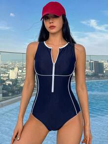 Livesso 女款拼色長袖連身運動泳衣 夏季海灘穿搭 - 藏蓝色 - 查看 2