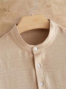 HIMLAND Men's Button Half-Placket Short Sleeve Shirt And Drawstring Waist Pocket Pants Set - Khaki - View 3