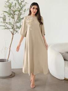Al Najma Women's Elegant Arabian Dress With 3D Floral Decor And Raglan 3/4 Sleeves - Khaki - View 4