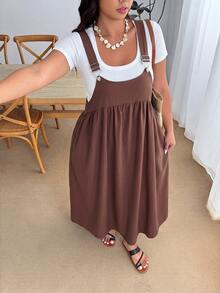 Enliva Plus Size Loose Black Strap Dress - Brown - View 7