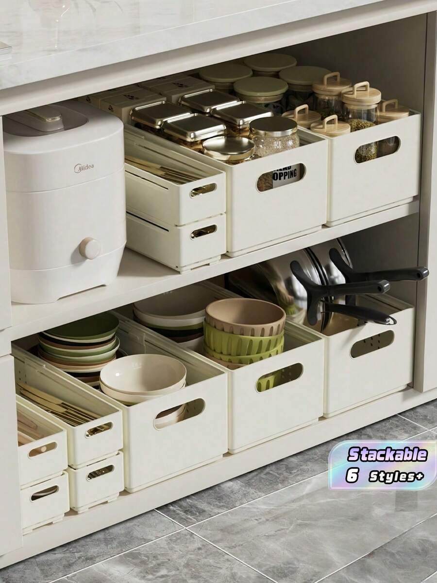 1PC Expandable Plastic Storage Drawer Adjustable Drawer Organizer Cabinet Storage Box Multifunctional Stackable Divider Container Kitchen Cabinet Organizer Pantry Utility Basket Utensil Holder Beverage Can Dispenser For Home Organization Must Have - Beige - View 1