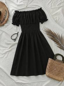 SHEIN VCAY Vestido de vacaciones sin hombros de talla grande con estampado de leopardo - Negro - Ver 2