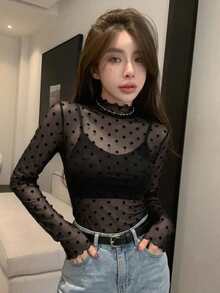FRIFUL Women's Polka Dot Print Mesh Long Sleeve Top With Stand Collar - Black - View 10