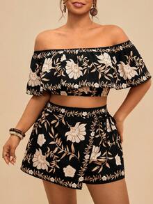 Travachic TRVLCHIC Plus Size Floral Print Off Shoulder Cropped Top And Wrap Shorts 2-Piece Set, Casual Boho Holiday Two Piece Women Brunch Outfit Summer Black - Multicolor - View 1