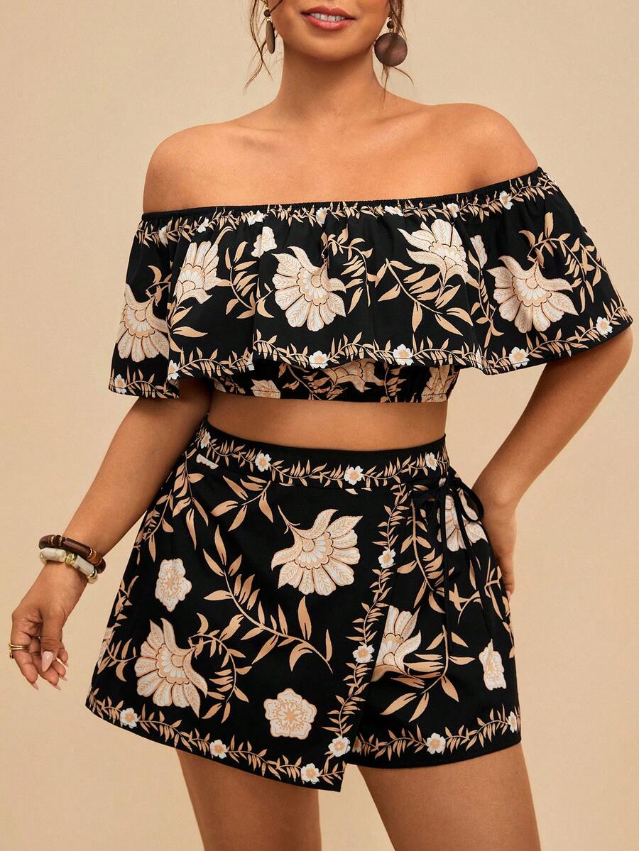 Travachic TRVLCHIC Plus Size Floral Print Off Shoulder Cropped Top And Wrap Shorts 2-Piece Set, Casual Boho Holiday Two Piece Women Brunch Outfit Summer Black - Multicolor - View 1