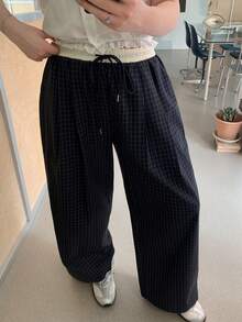 Dazy Plus Contrast Color Patchwork Drawstring Waist Plaid Preppy Style Casual Long Pants For Girls, Deep Blue Summer - Navy Blue - View 2
