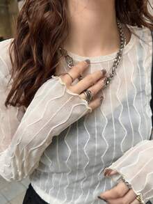 FRIFUL Top ajustado de manga larga con cuello redondo y transparencia de unicolor para mujer - Albaricoque - Ver 4
