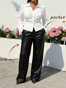 SHEIN MOD Plus Size Black Button Design Side Pocket Leather Straight Pants, Winter - Black - View 7