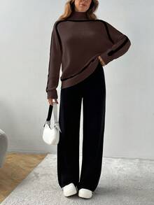 EURMUSE WOMEN ECRU HIGH NECK KNIT SWEATER & WIDE LEG PANTS SET WITH BLACK PIPING DETAILS - Brown - View 4