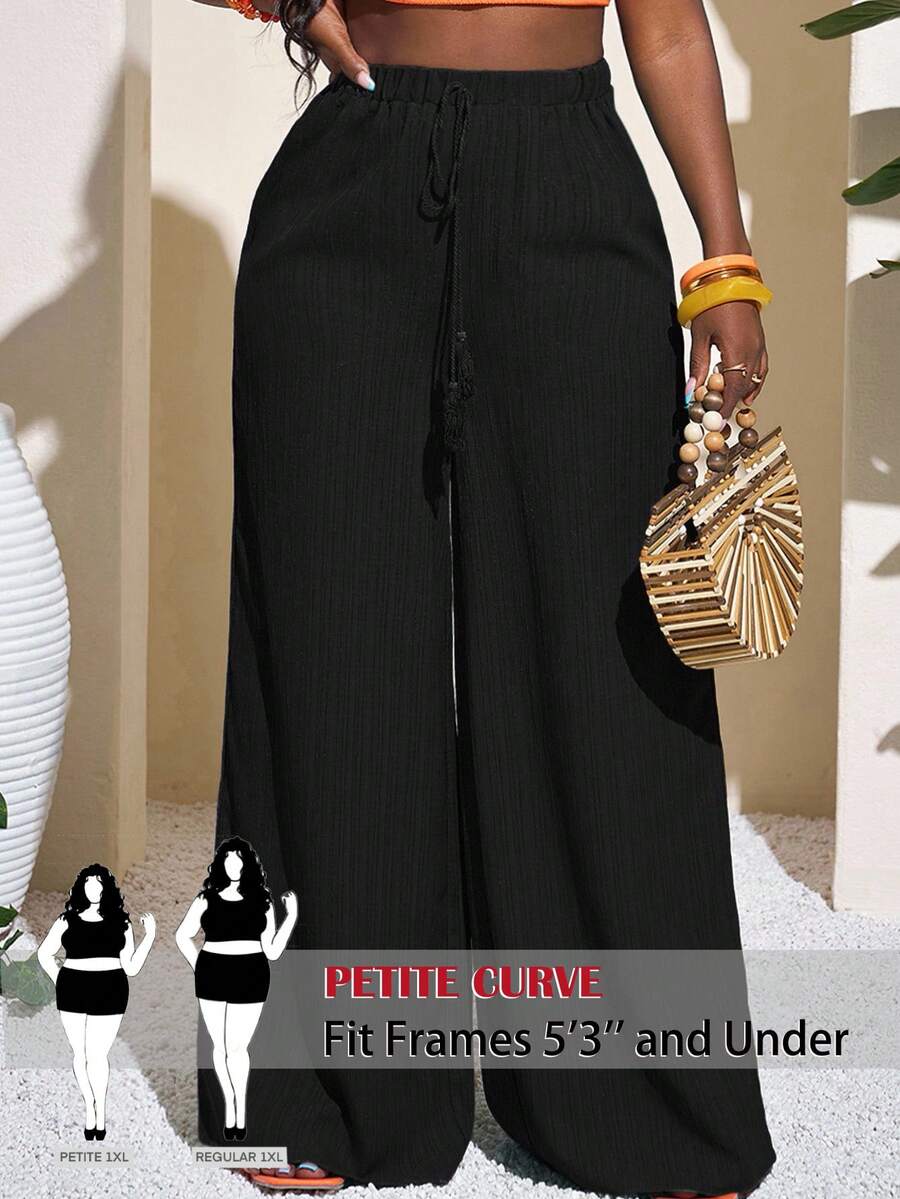 SHEIN PETITE CURVE 大尺碼女款素色腰綁帶寬腿長褲 - 黑色 - 查看 1