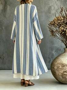SHEIN Holidaya Women's Blue White Allover White Long Cardigan, Linen Printed Loose Long Sleeve Rolled Hem Casual Formal Autumn - Blue - View 4