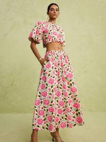 LOTSLUV Women's Summer Elegant Commute Vacation, Beige And Floral Print, Puff Sleeve Cropped Jacket And Skirt Two Pieces Set, 2 Pieces Sets, Two Pieces Set - Multicolor - View 4