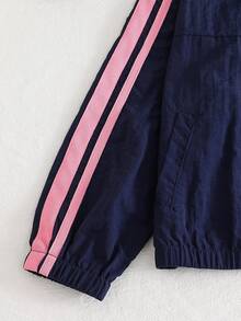 SHEIN 青少年女孩秋季返校休閒可愛日常蝴蝶結拼色拉鍊長袖外套，假日穿搭 - 藏蓝色 - 查看 5