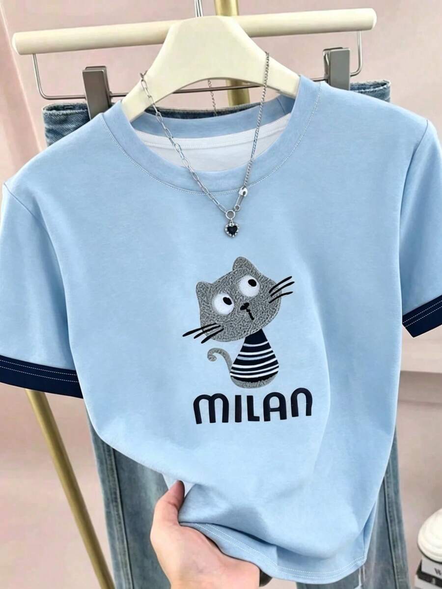 少女 T-shirt,女童上衣,人造毛貓咪印花,拼色寬鬆版型,適合春夏,休閒日常穿著,酷夏系列,少女夏季必備,返校必備,夏季女童,少女時尚,基礎款,春夏韓風 - 彩色 - 查看 1