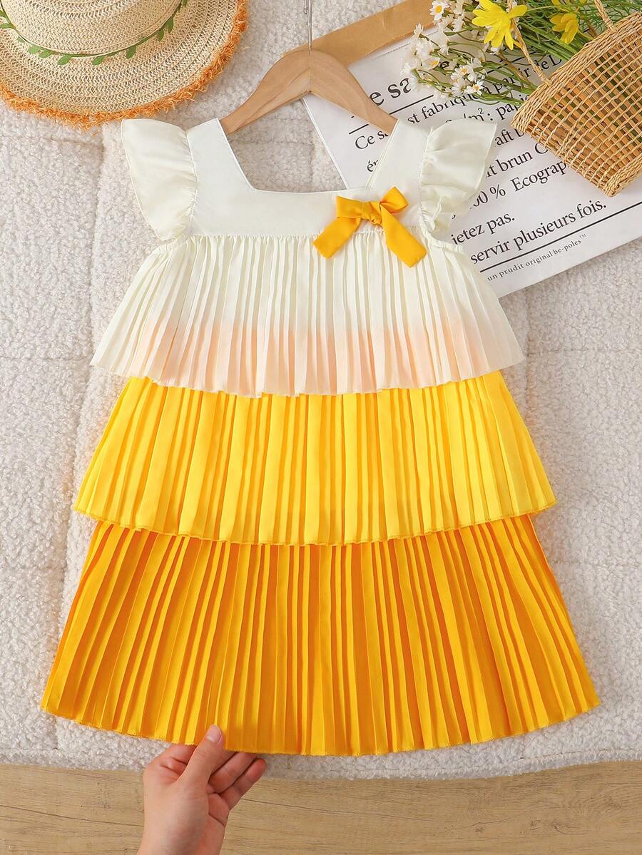 SHEIN 1件女孩蝴蝶結夏季洋裝 - 黃色 - 查看 1