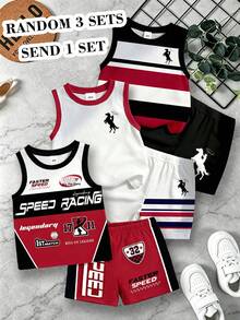 SHEIN Playful Pals 隨機 3 款發 1 套 小男孩休閒簡約條紋 Logo 圖案印花背心與 Logo 圖案印花短褲套裝，適合夏季外出 - 彩色 - 查看 1