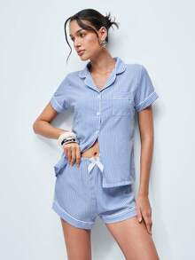 Softvol 2件套条纹印花短袖上衣和短裤女式睡衣套装，清凉浅蓝色 - 藍色 - 查看 6