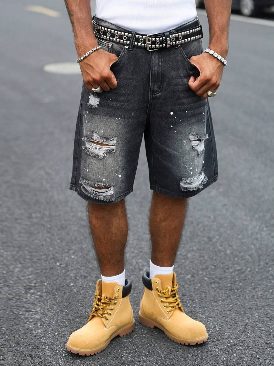 Manfinity EMRG Men's Black Distressed Ripped Paint Splatter Denim Shorts, Street Style Straight Leg Knee-Length - Black - View 1