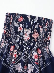 SHEIN 女款印花抹胸上衣 夏季無袖修身收腰性感熱帶波希米亞風復古彈性緊身不對稱小眾背心沙灘穿搭 - 藏蓝色 - 查看 6