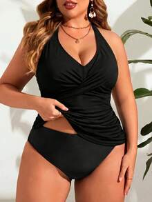 Swim Lushoire Conjunto de Tankini de unicolor para Mujer Talla Grande con Top de Camisola para Playa de Verano - Negro - Ver 3