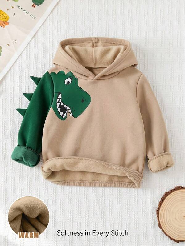 Cozy Pixies Sudadera de punto suave con capucha, manga larga y patrón de dinosaurio de dibujos animados para niño pequeño
