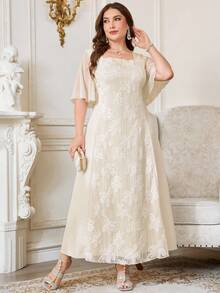 Reflora Plus Size Women Square Neck Jacquard Casual Party Summer Dress - Apricot - View 4