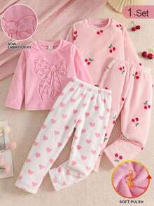 Girls' 2pcs Soft Skin-Friendly Plush Bow & Heart Embroidered Long Sleeve & Pants Loungewear Set Crew Neck Knit Print Embroidery Autumn/Winter - Pink - View 3