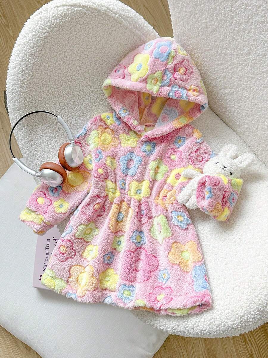 SHEIN Vintaside Kids 女嬰休閒可愛趣味保暖加厚抓絨連帽洋裝,適合秋冬外出穿著 - 彩色 - 查看 1