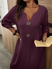 Weeklong Plus Size Casual Vacation Button Decor Dress - Maroon - View 3