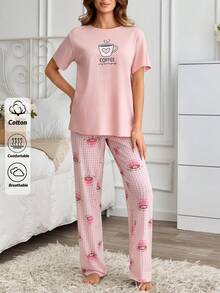 SHEIN 女款棉質印花圓領短袖上衣高腰舒適長褲 2 件組睡衣套裝居家睡眠用 熱粉色 粉色與白色 夏季 - 粉色 - 查看 6
