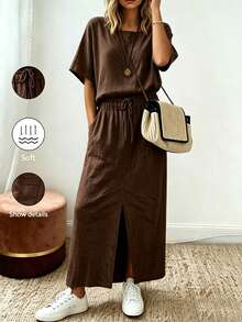 SHEIN Holidaya Women's Solid Color Short Sleeve Top + Skirt 2 Pieces Set - Coffee Brown - View 4