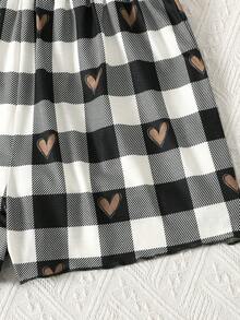 SHEIN 兒童青少年女孩睡衣 2件/套 春夏新款可愛格紋與愛心印花圓領T恤與短褲居家服套裝，舒適休閒睡衣 - 黑與白 - 查看 5