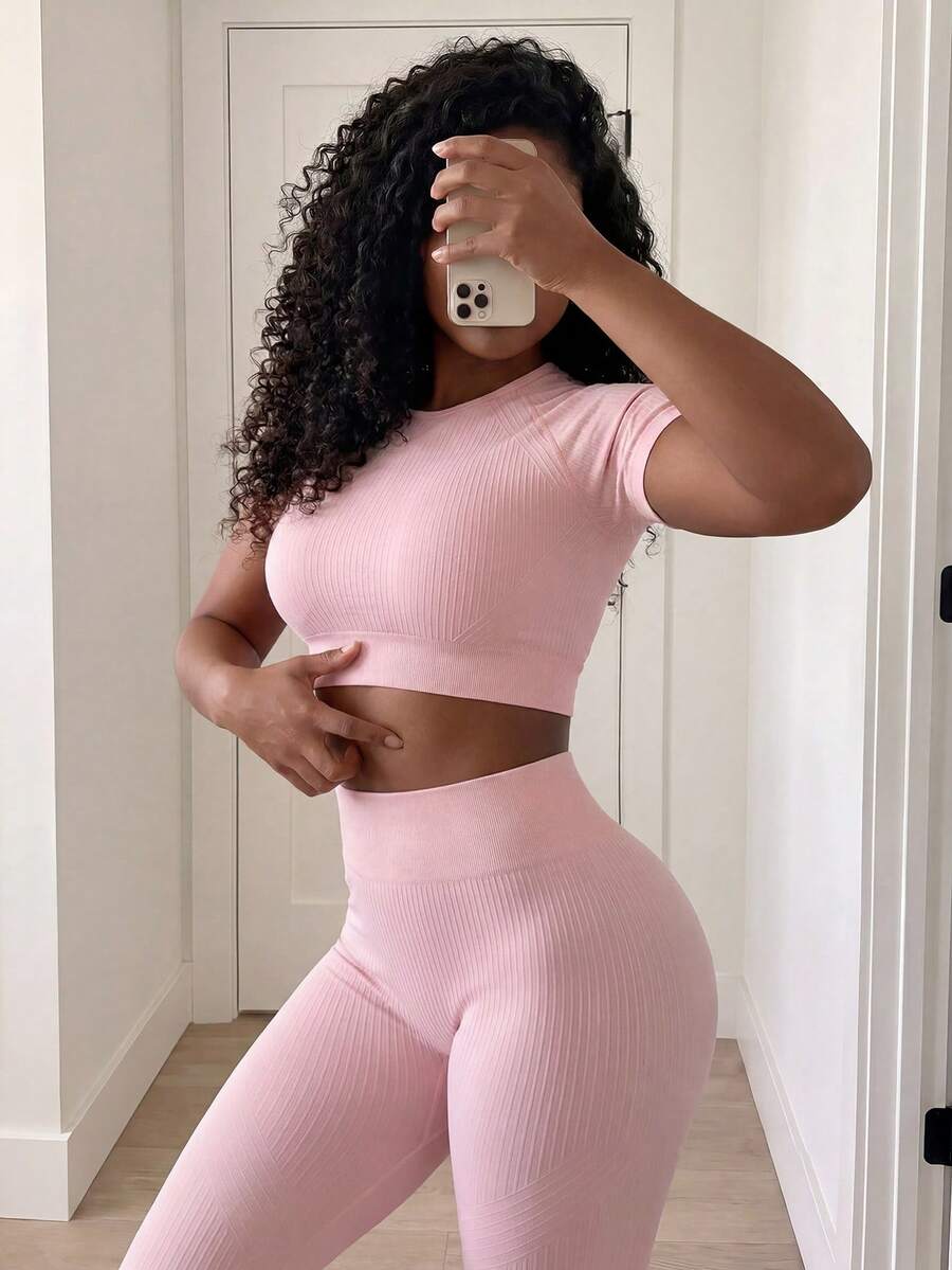 SHEIN Core Rhythm 2PCS/1SET Women's Solid Color Textured High Elasticity Shapewear Seamless Sports Set,Light Pink Summer Athleisure Gym Quick Dry 4-Way Stretch Outfit - Dusty Pink - View 1