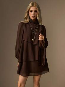 COSMINA Women Brown Boho Ruffle Tiered Mini Dress, Long Sleeve Lantern Sleeve Bohemian Dress, Flowy Dress - Brown - View 6