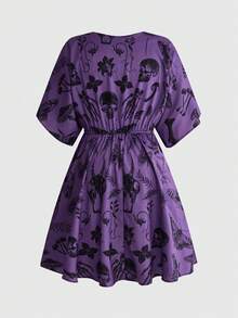 ROMWE Goth Vestido holgado de talla grande con estampado de calavera de bosque de terror gótico oscuro - Morado - Ver 2