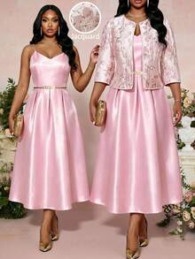 Fleurora Plus Size Women's Elegant Formal Solid Color Pleated Dress With Jacquard Cardigan 2-Piece Set Evening Wedding Guest Bride Pink Floral Light Luxury - Pink - View 1