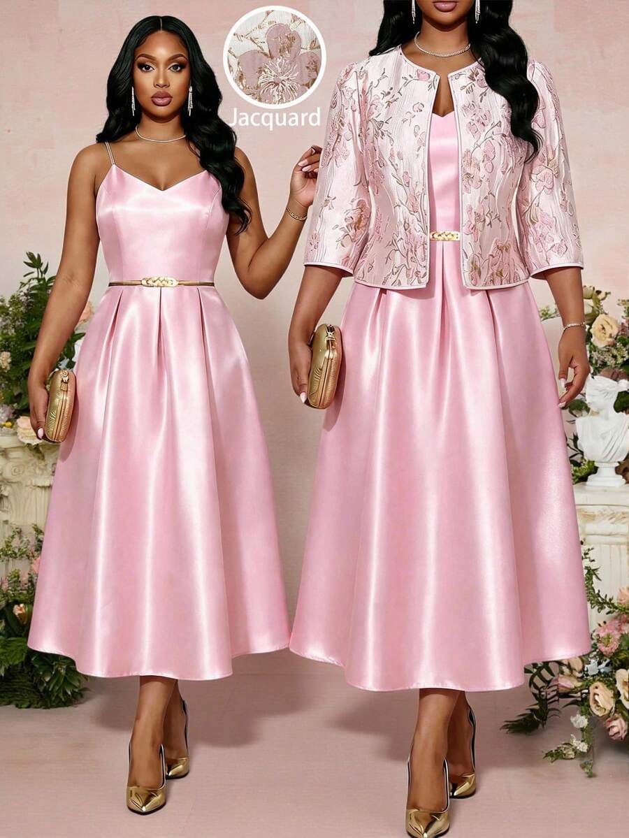 Fleurora Plus Size Women's Elegant Formal Solid Color Pleated Dress With Jacquard Cardigan 2-Piece Set Evening Wedding Guest Bride Pink Floral Light Luxury - Pink - View 1