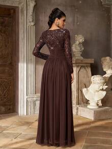 Aureia Elegant Luxurious Beaded Sequin Elastic Lace Patchwork Chiffon Ruched Sheer Long Sleeve Full Skirt Evening Dress For Wedding, Bachelor Party, Vacation, Holiday, Gathering, Music Festival, Graduation, Dinner Party (Free Floating Petals) - Coffee Brown - View 3