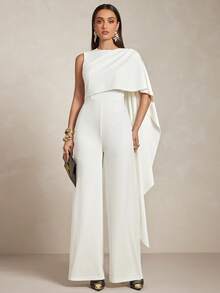 Silquee Women's Asymmetrical Shawl Collar Ribbon Round Neck Jumpsuit, Spring/Summer - Apricot - View 4