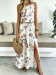 Breezaya Sleeveless Round Neck Solid Color Casual & Commute Dress With Cinched Waist And Split Hem For Women - Multicolor - View 4