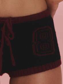 MUSERA Black Knit Printed '08' Drawstring Micro Short Autumn Holiday Ibiza Festival Lotus Club Sexy - Black - View 6