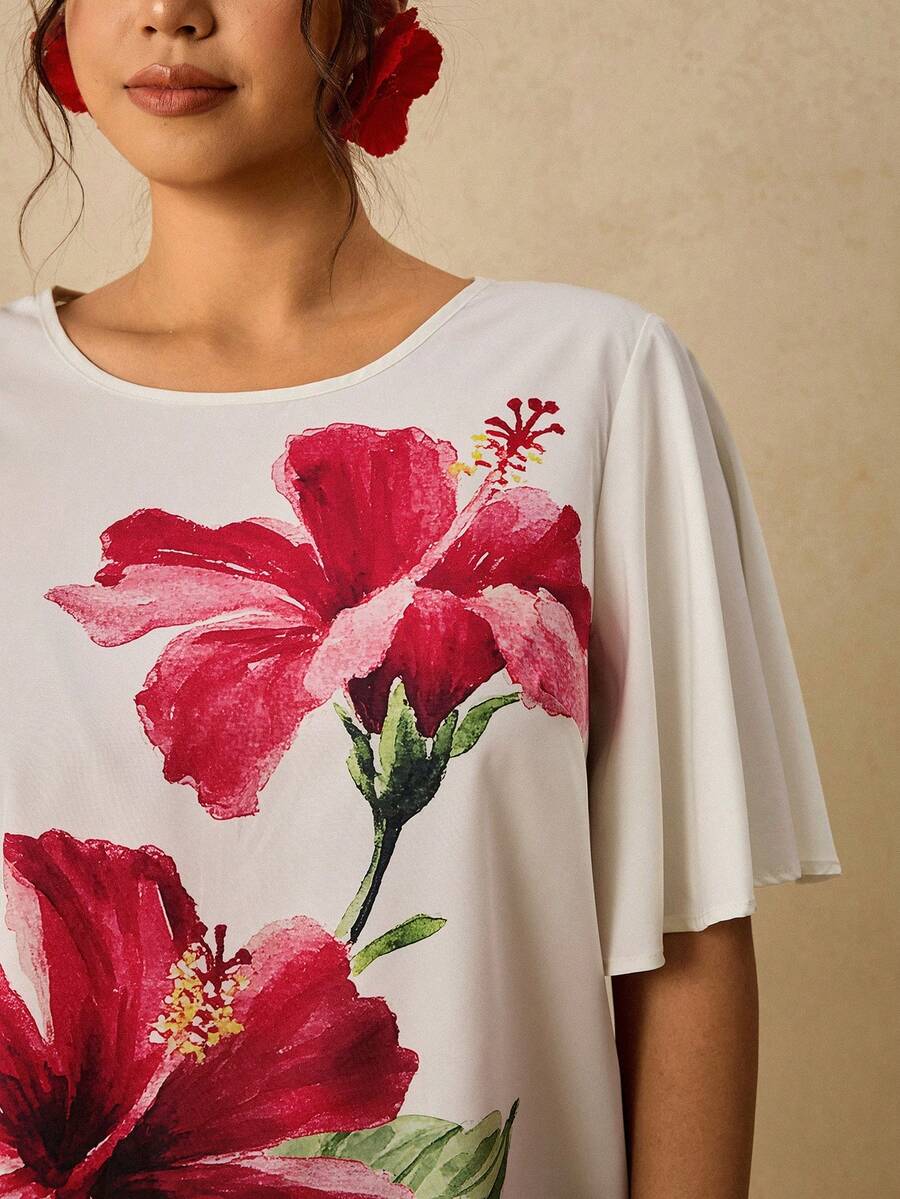 Travachic 大尺碼女款度假休閒大花朵印花圓領寬鬆襯衫 白色夏季海灘風 - 白色 - 查看 1