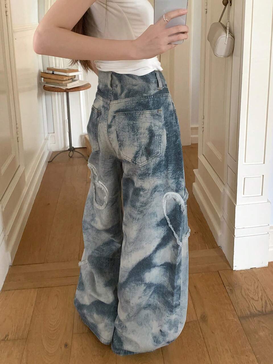 Women's Korean Style Street Casual Heart-Shaped Distressed Gradient Denim Jeans Summer