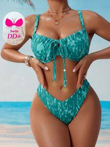 Swim DD+ 女款夏季度假海灘全印花細肩帶前綁帶聚攏比基尼套裝 - 綠色 - 查看 3