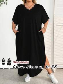 SHEIN CURVE+ 大尺碼女款春夏新款時尚通勤休閒口袋設計開衩長款袍裙 - 黑色 - 查看 1