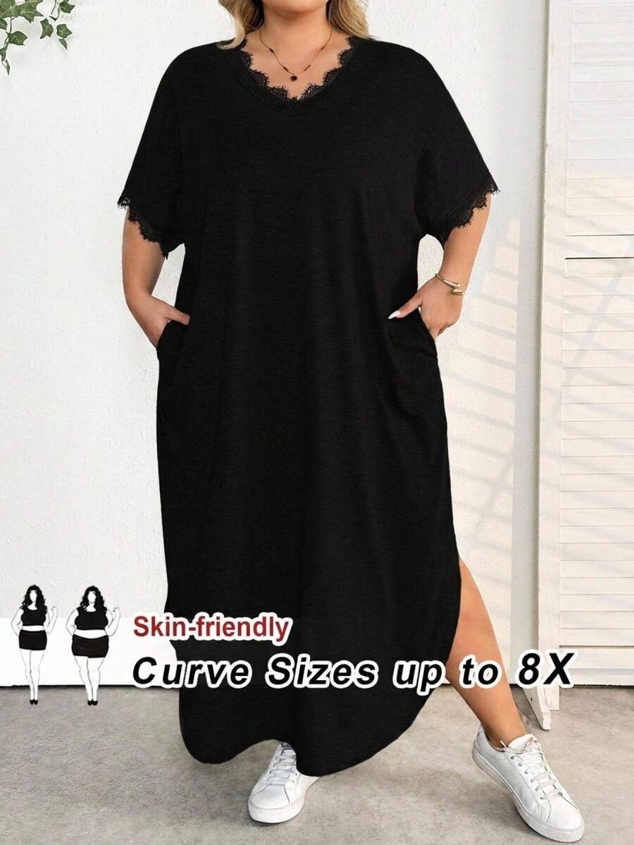 SHEIN CURVE+ 大尺碼女款春夏新款時尚通勤休閒口袋設計開衩長款袍裙 - 黑色 - 查看 1