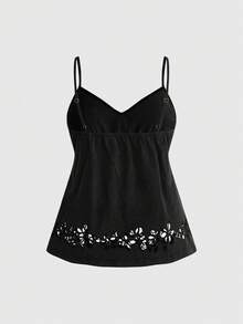 ROMWE Fairycore Plus Size Summer Casual Solid Color Hollow Embroidery Camisole - Black - View 2