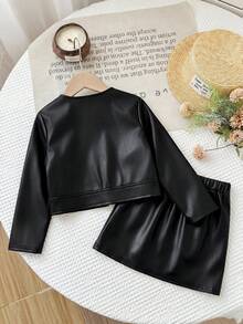 SHEIN 少女黑色長袖外套與緊身迷你裙套裝 秋冬款 - 黑色 - 查看 2